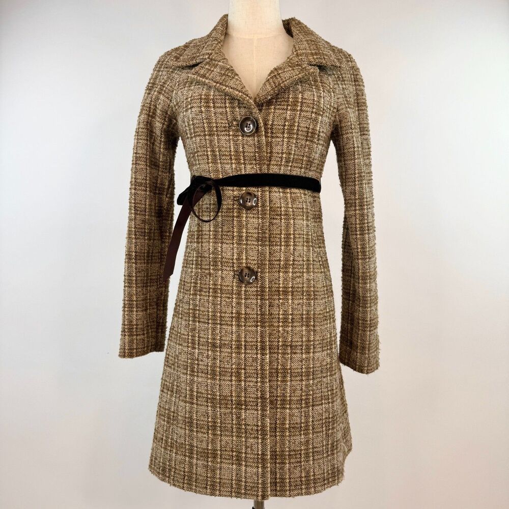 Vintage Sisley Brown Plaid Button Up Coat w/ Belt 90s Preppy Academia Retro Sz S